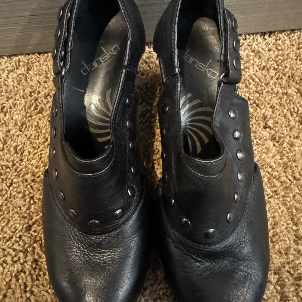 Dansko Black Leather Mules with Stud Accents